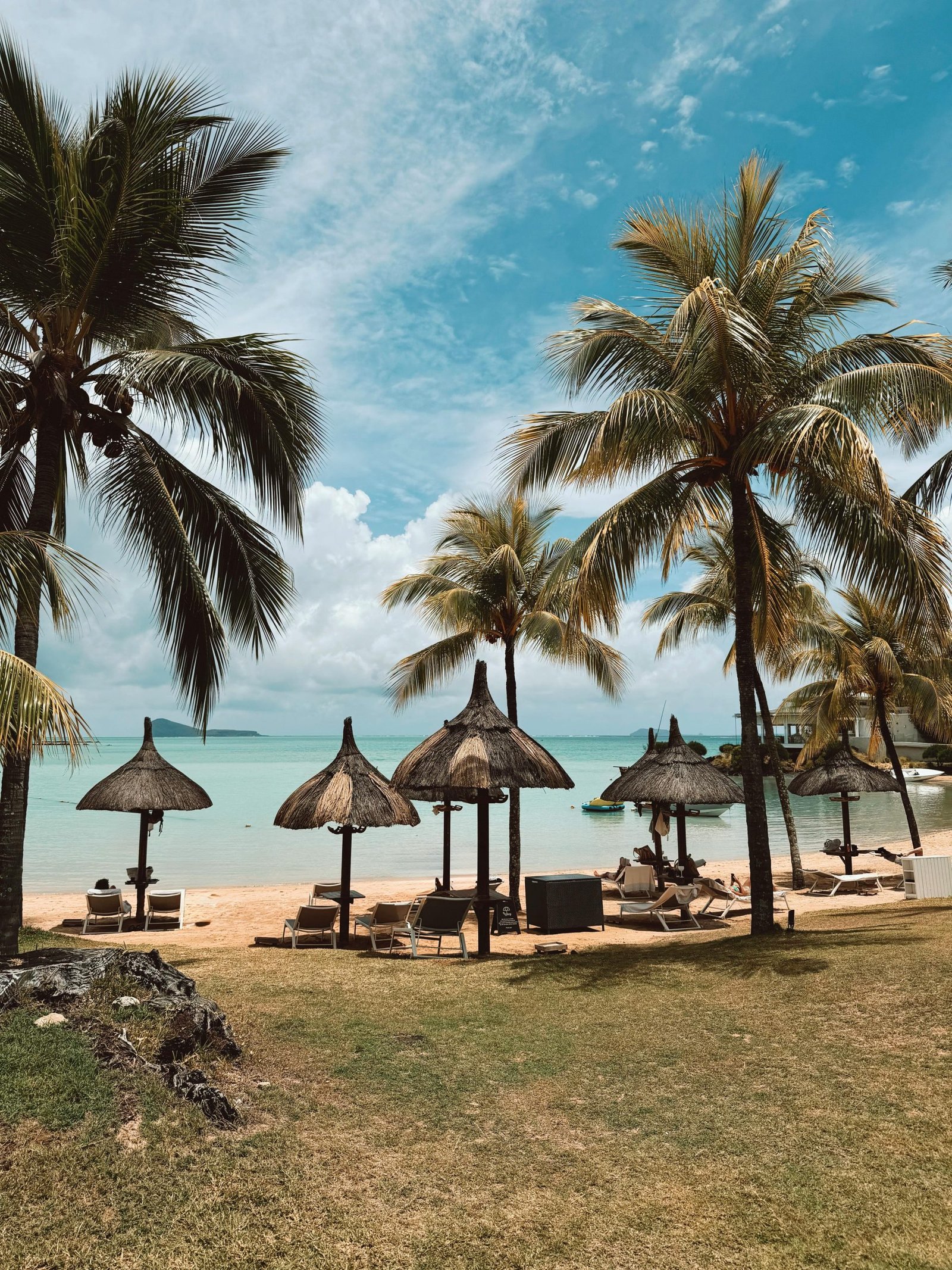 Idyllic tropical beach scene featuring lush palm trees and thatched huts by the sea.
